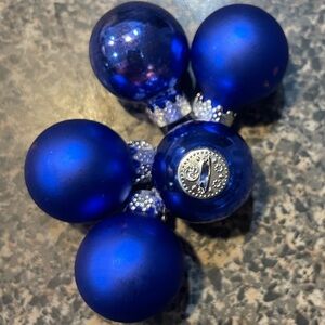 Mercury glass vintage mini Christmas ornaments blue with ornate marked tops